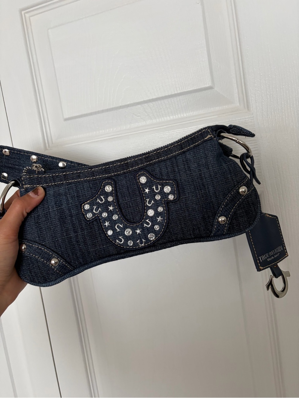 True Religion Navy Denim Mini Shoulder Bag with Silver Studs